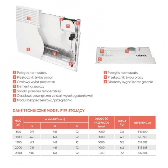 Grzejnik konwektorowy F-119 1500W stojący Atlantic -zdjęcie numer 2