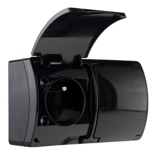 KOALA Gniazdo podwój.2x2P+Z IP44 czarn z klapk n/t -zdjęcie numer 1