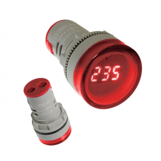 Kontrolka LED 220V czerwona 22mm z miernikiem nap. -zdjęcie numer 1