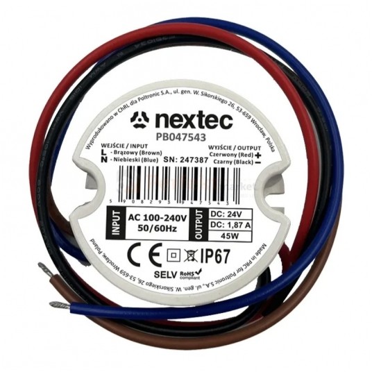 Zasilacz LED okrągły dopuszkowy 45W 12V 3,75A IP67 -zdjęcie numer 1