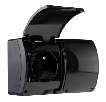 KOALA Gniazdo podwój.2x2P+Z IP44 czarn z klapk n/t